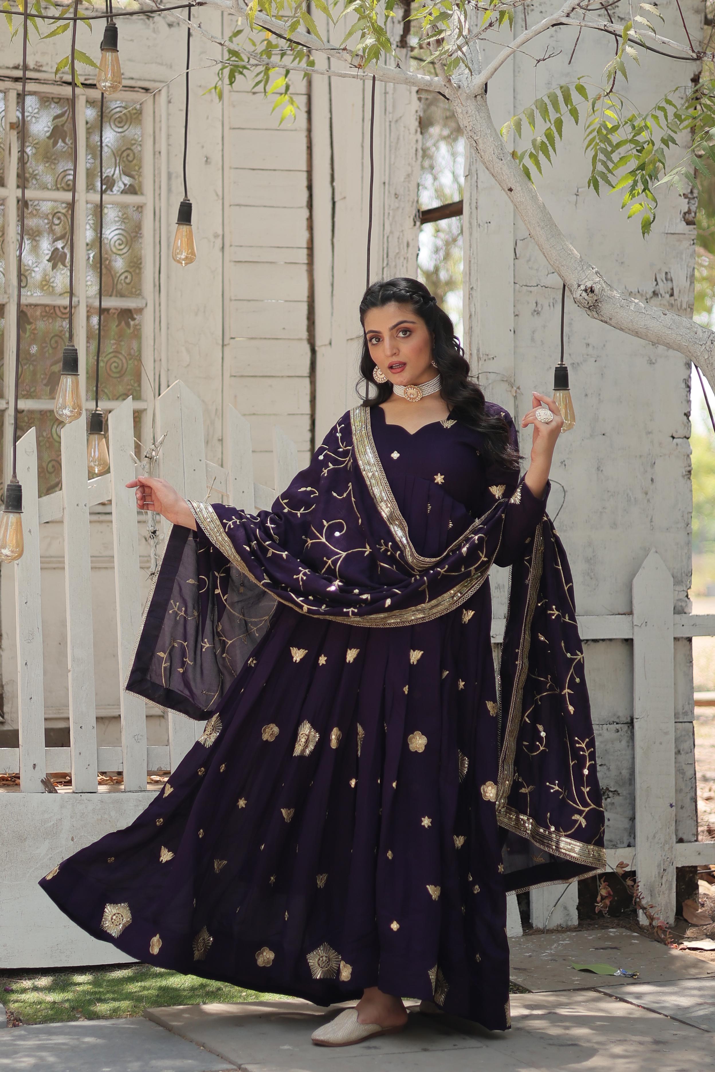 Purple Embroidered Silk Wedding Wear Designer Gown With Dupatta