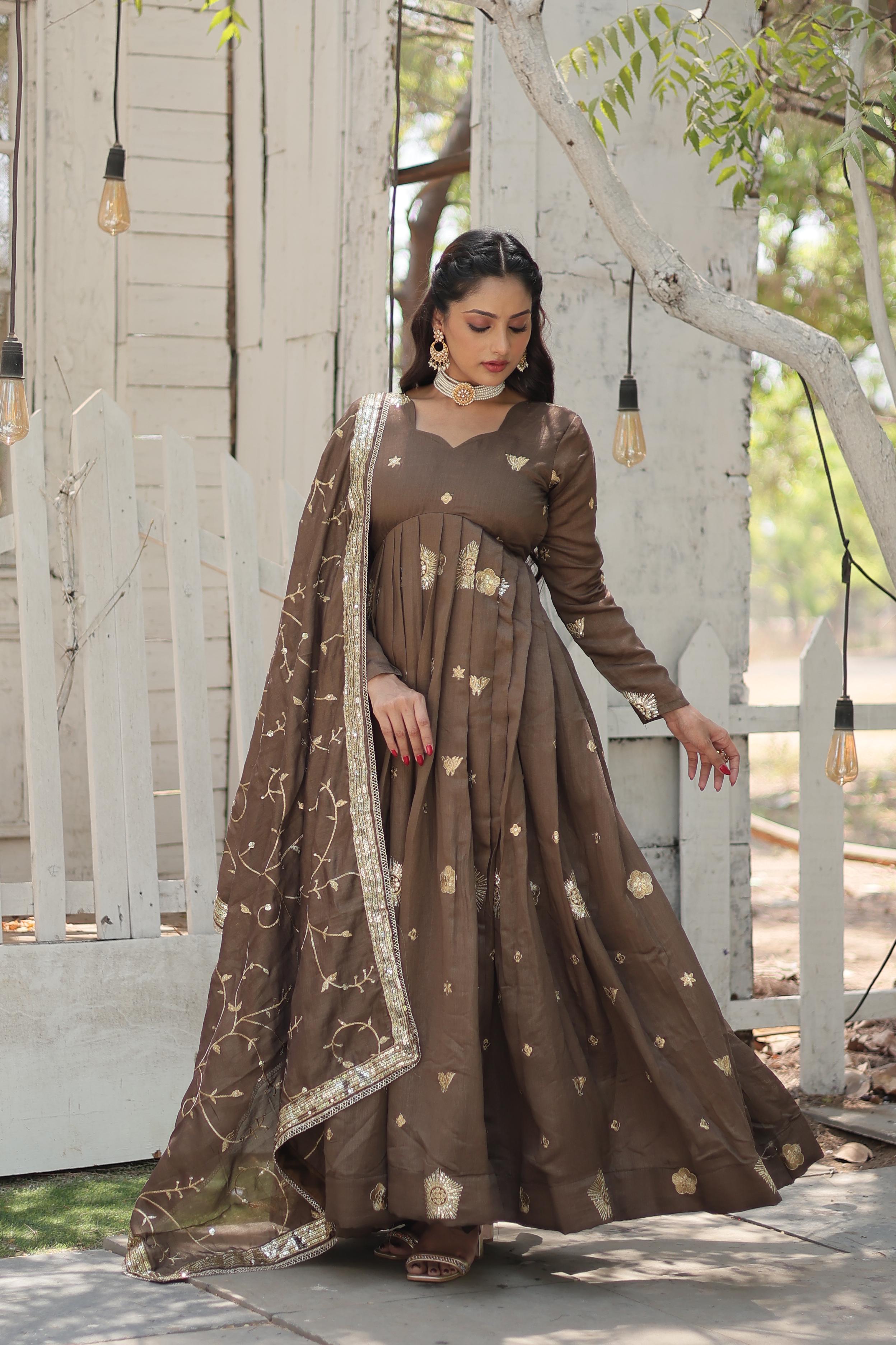 Brown Vichitra Embroidered Work Party Wear Designer Gown With Dupatta