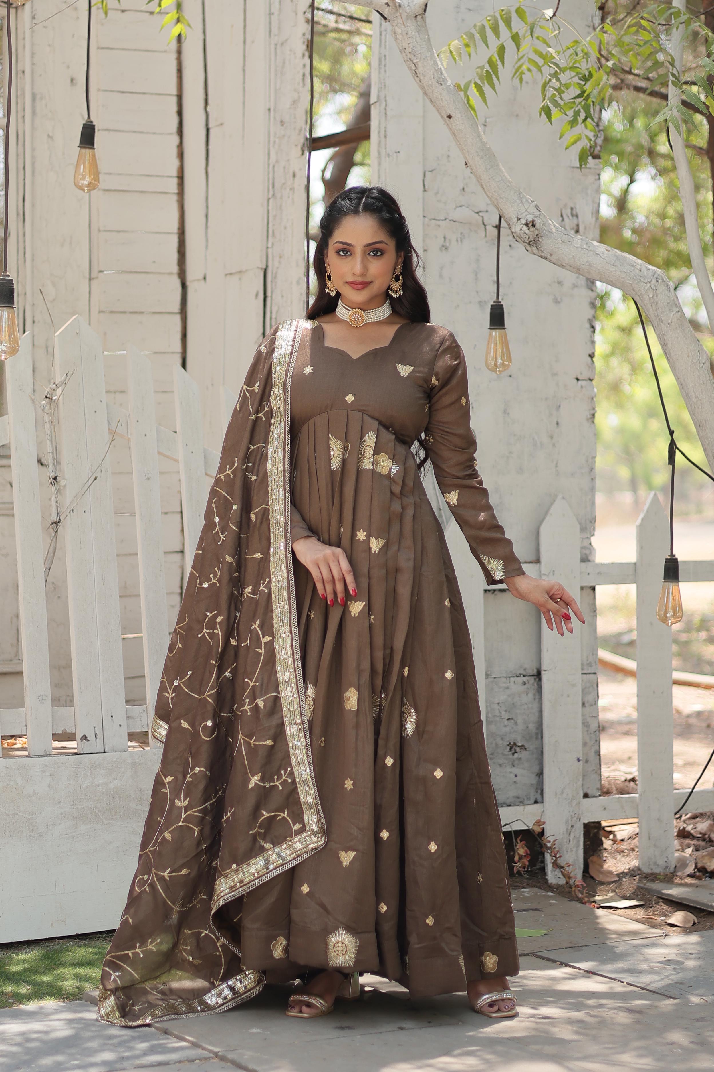 Brown Vichitra Embroidered Work Party Wear Designer Gown With Dupatta