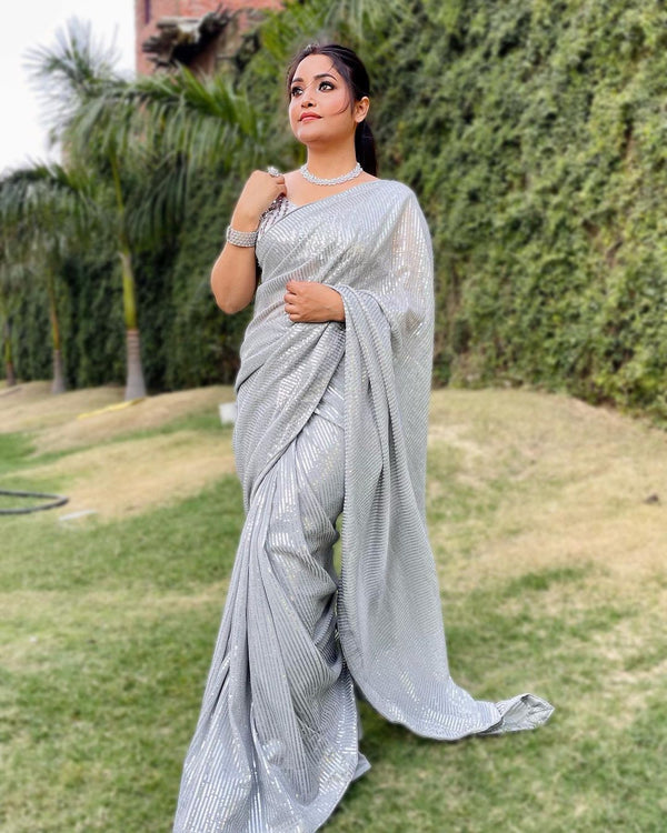 Captivating Grey Color Sequence Work Saree