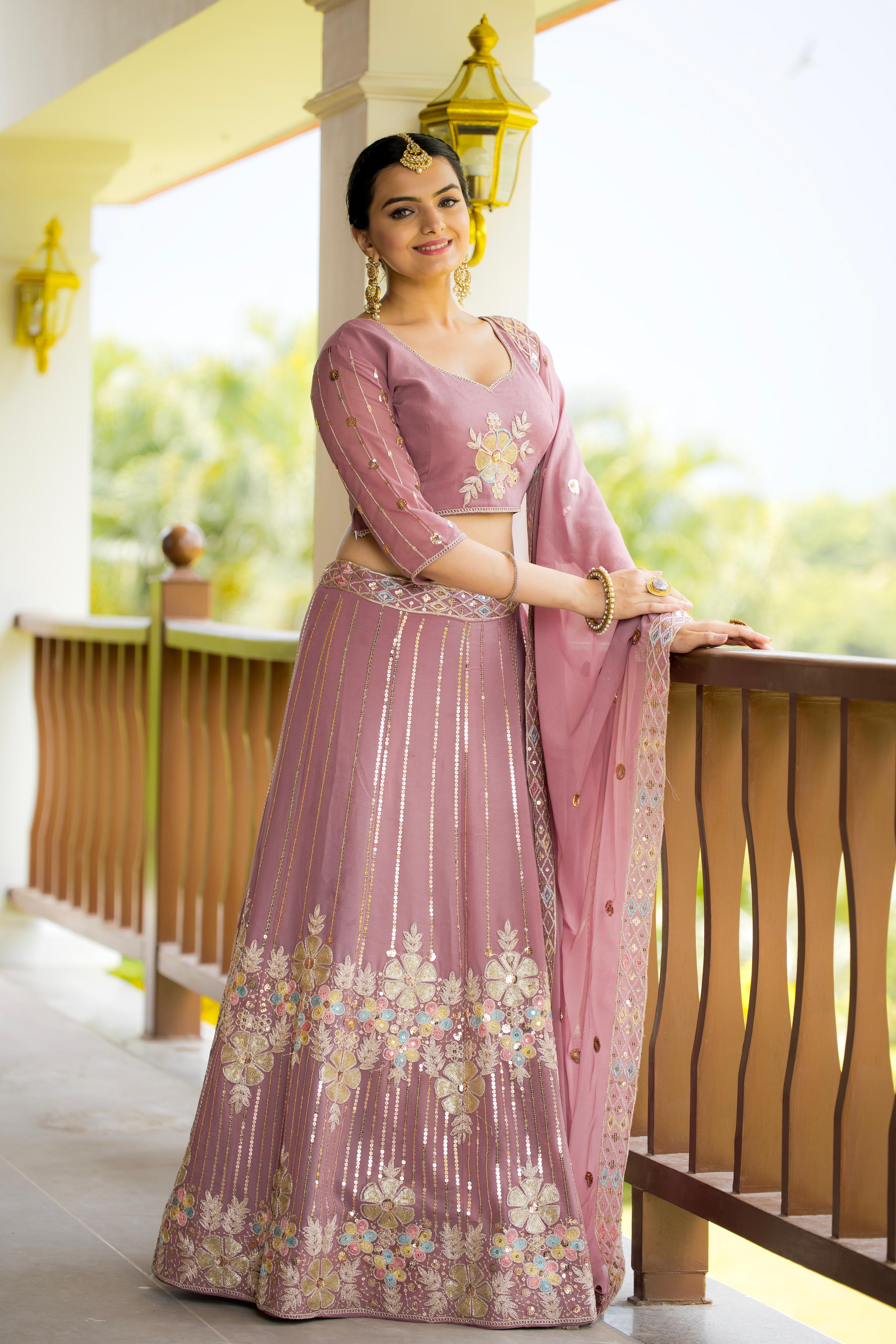 Marriage Special Georgette With Sequence Coding Work Dusty Pink Color Lehenga Choli