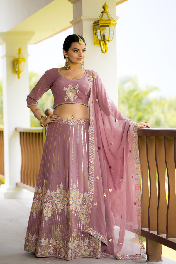 Marriage Special Georgette With Sequence Coding Work Dusty Pink Color Lehenga Choli