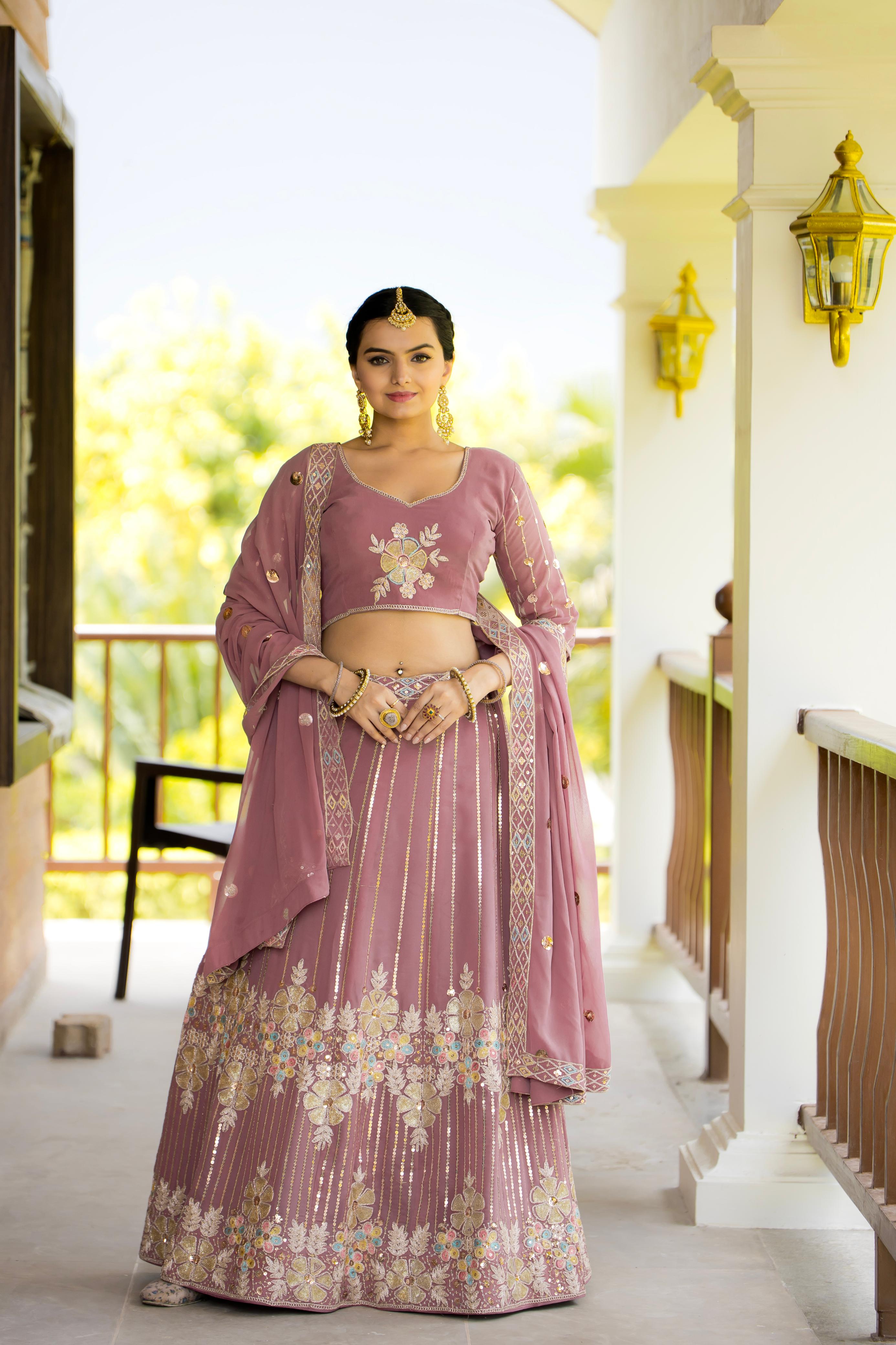 Marriage Special Georgette With Sequence Coding Work Dusty Pink Color Lehenga Choli