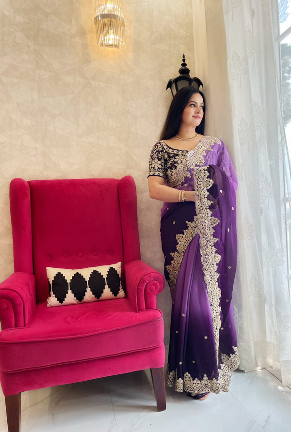 Festive Wear Purple Shades Color Pure Soft Georgette Silk Pedding With 3mm Sequin Coding Work Saree