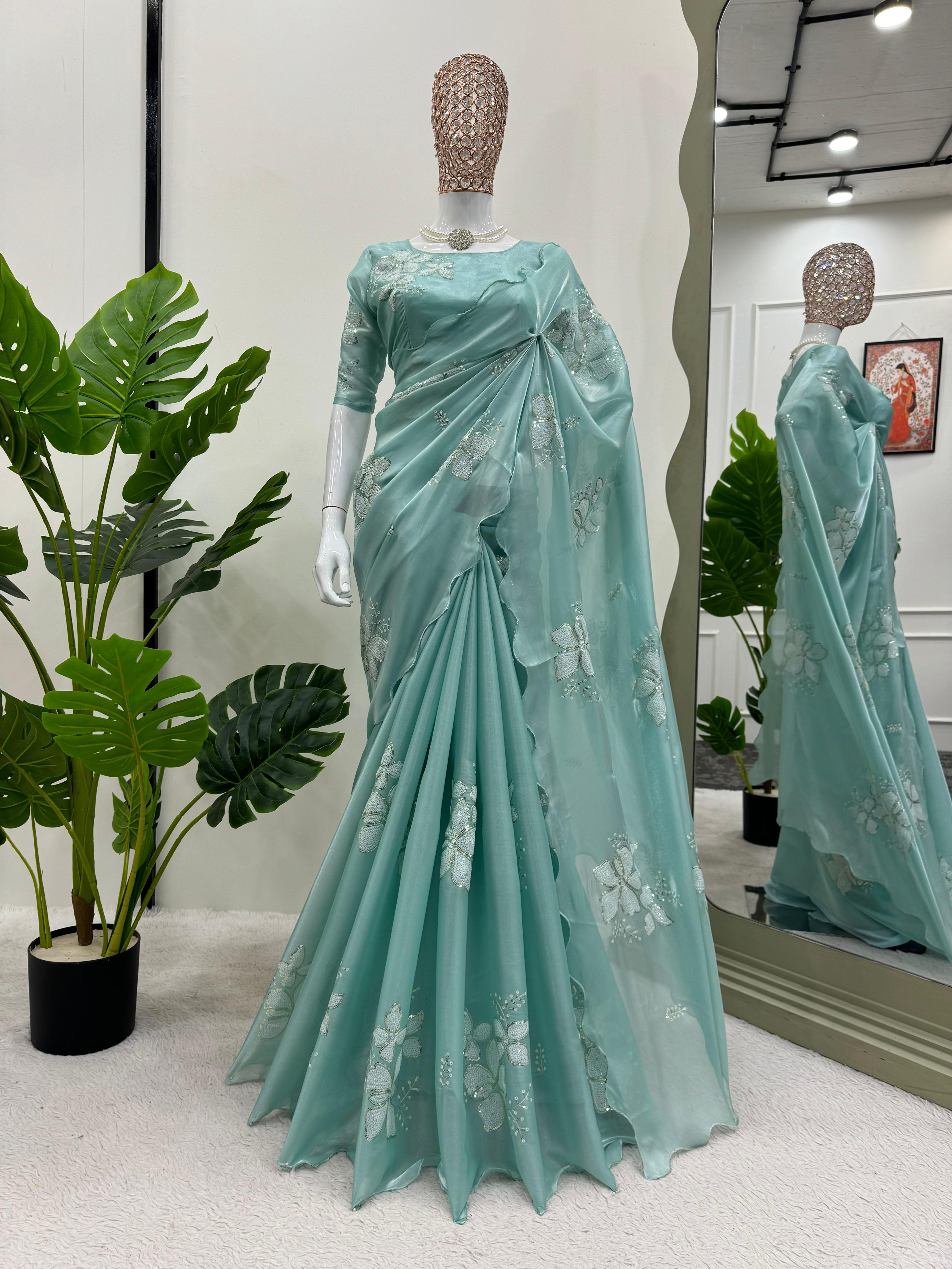 Festive Wear Aqua Green Color Jimmy Chu And Sequence Work Saree