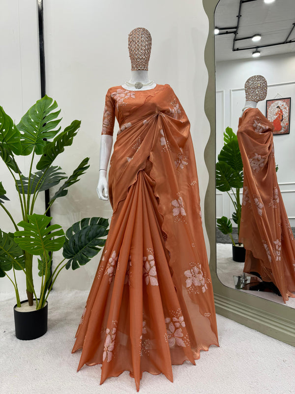 Party Wear Orange Color Jimmy Chu And Sequence Work Saree