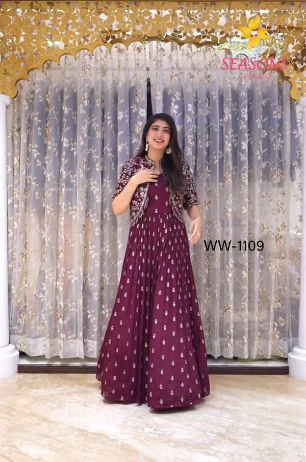 Mesmerizing Pure Cinon Silk 5mm Sequence Work Wine Color Designer Gown