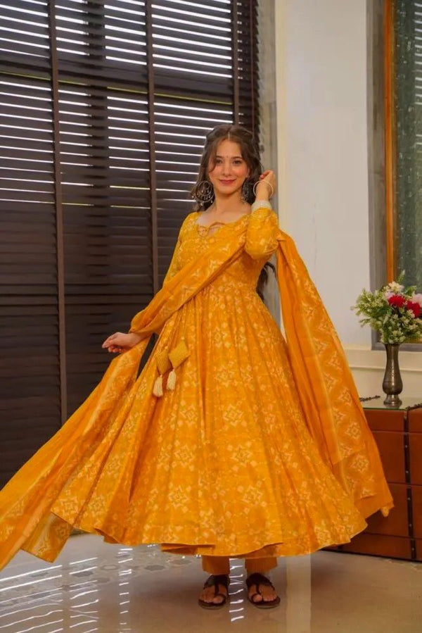 Trendy Designer Digital Print Yellow Color Haldi Special Anarkali Suit Set