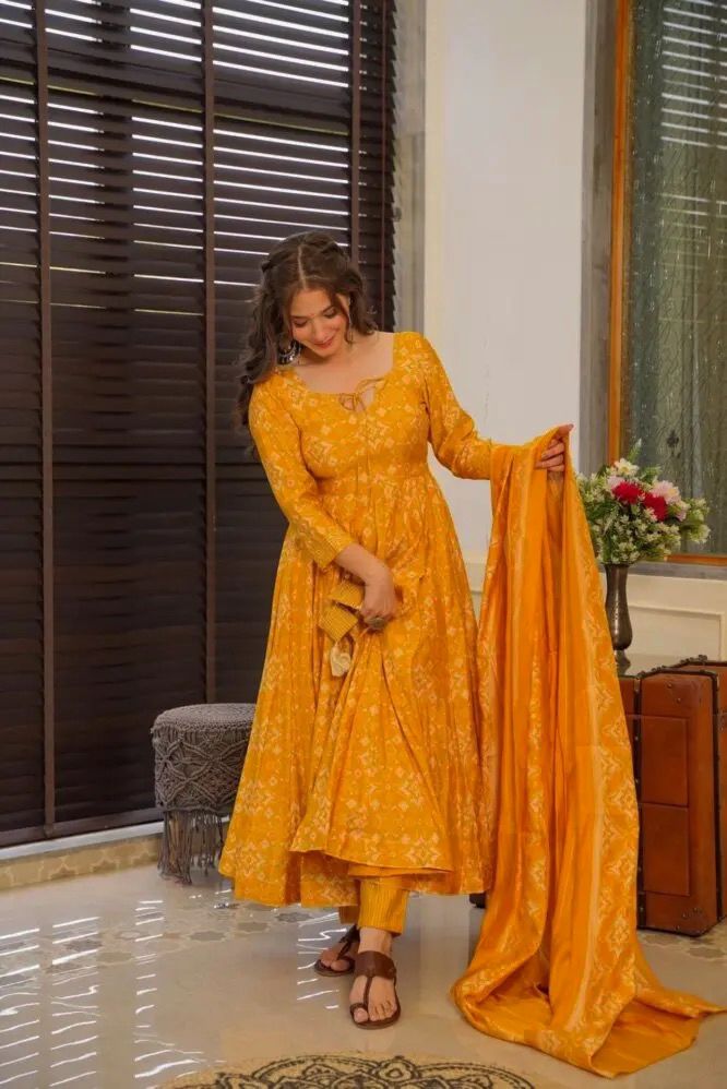 Trendy Designer Digital Print Yellow Color Haldi Special Anarkali Suit Set