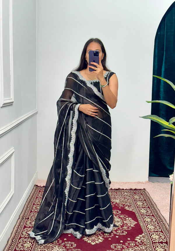 Black Color Burbary Silk Embroidery Zari Work Wedding Wear Saree