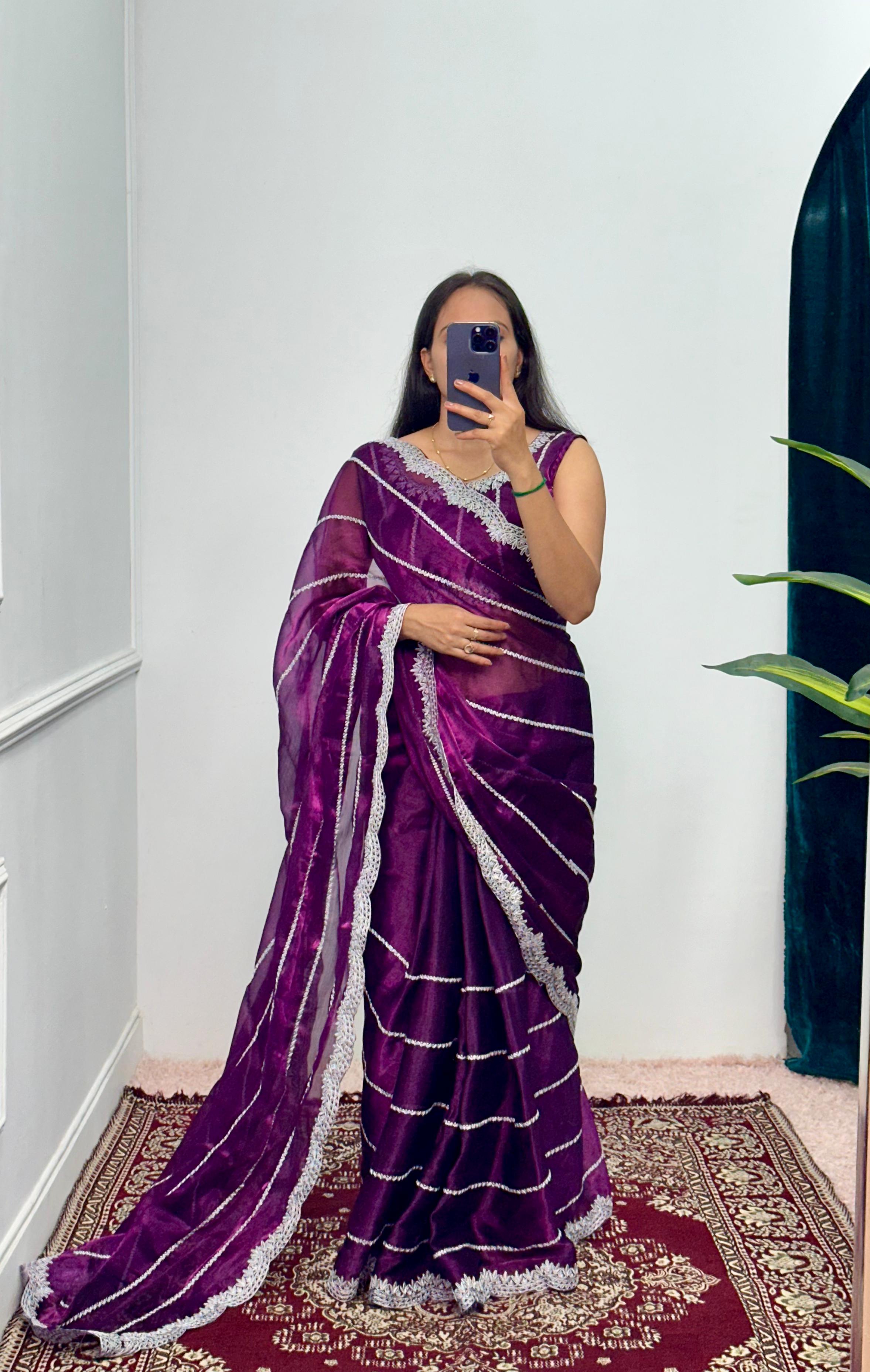 Purple Color Burbary Silk Embroidery Zari Work Party Wear Saree