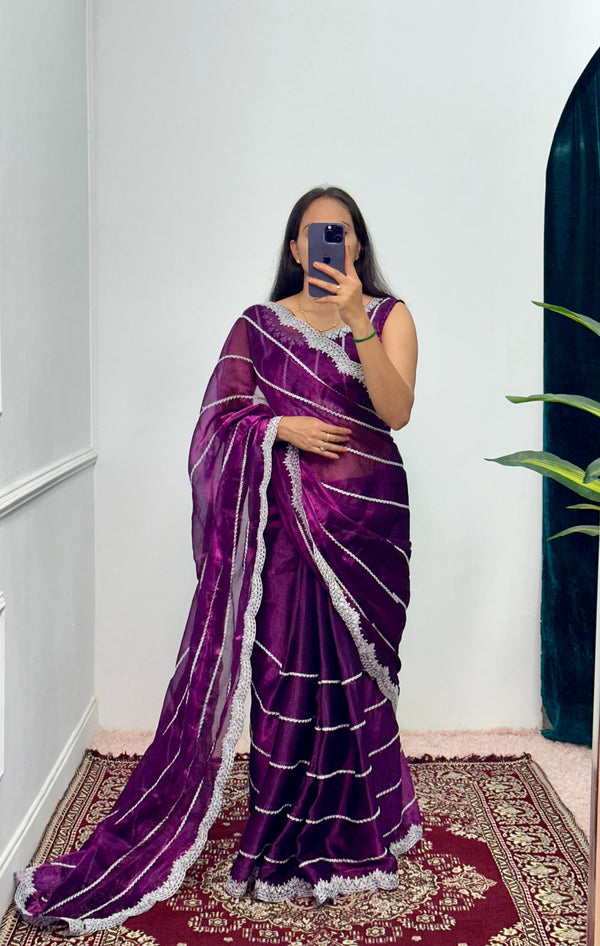 Purple Color Burbary Silk Embroidery Zari Work Party Wear Saree