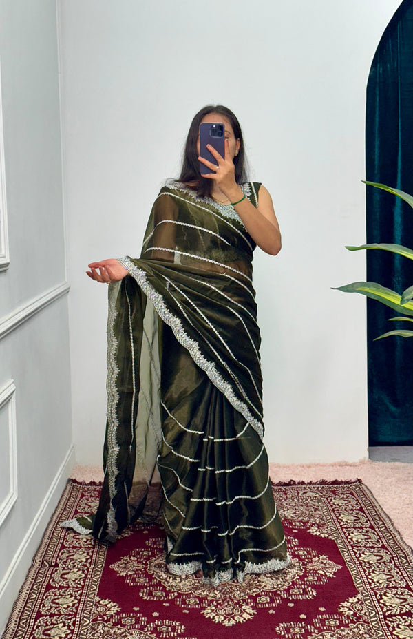 Mahendi Green Color Burbary Silk Embroidery Zari Work Wedding Wear Saree