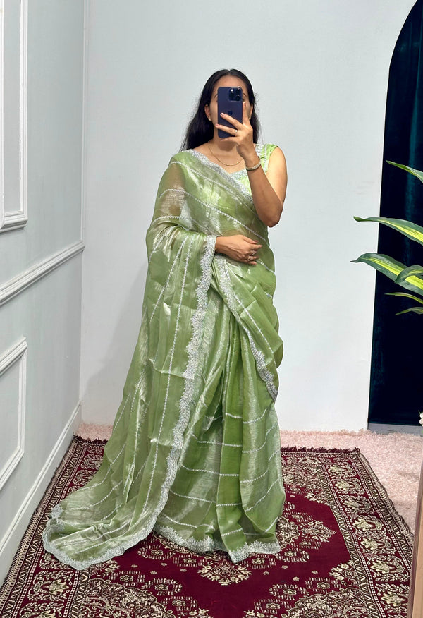 Beautiful Light Green Color Burbary Silk Embroidery Zari Work Party Wear Saree