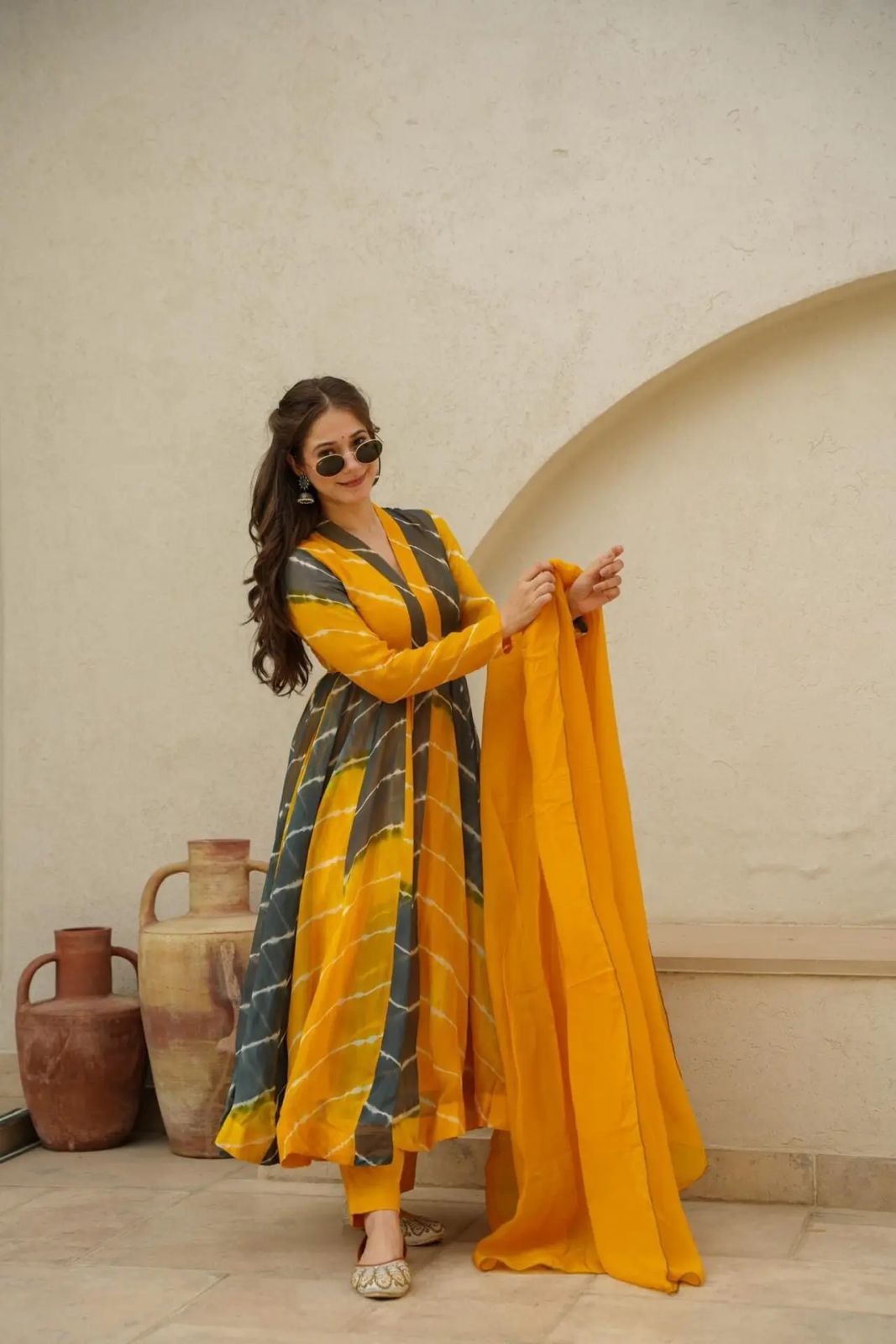 Elegant Yellow Grey Color Organza Printed Party Wear Anarkali Suit