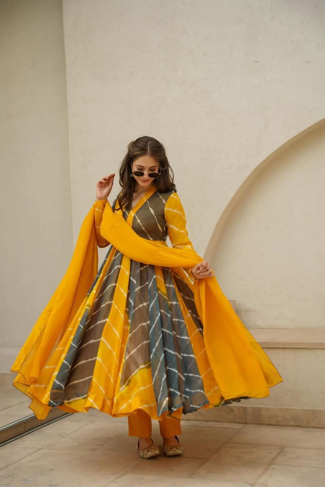 Elegant Yellow Grey Color Organza Printed Party Wear Anarkali Suit