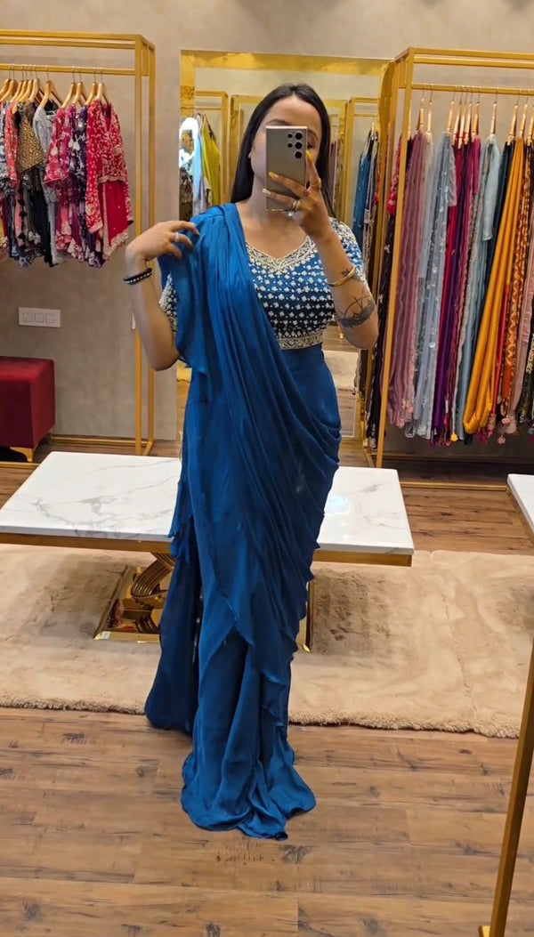 Rama Blue Fancy Ruffle Pre Stitched Draped Ready To Wear Party Wear Saree