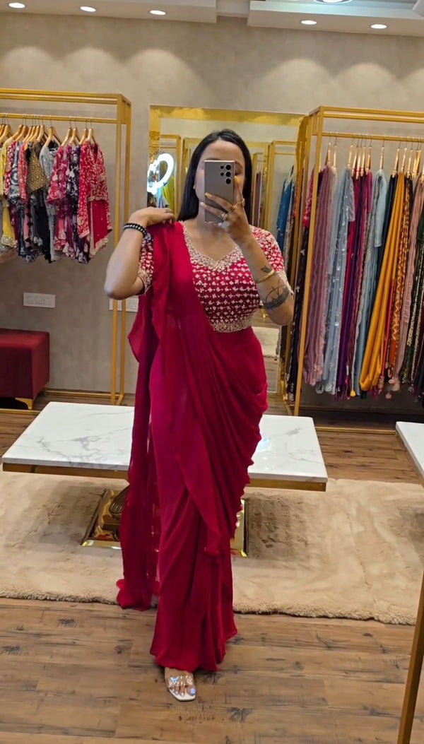 Wedding Wear Dark Pink Color Fancy Ruffle Ready To Wear Saree With Embroidery Blouse
