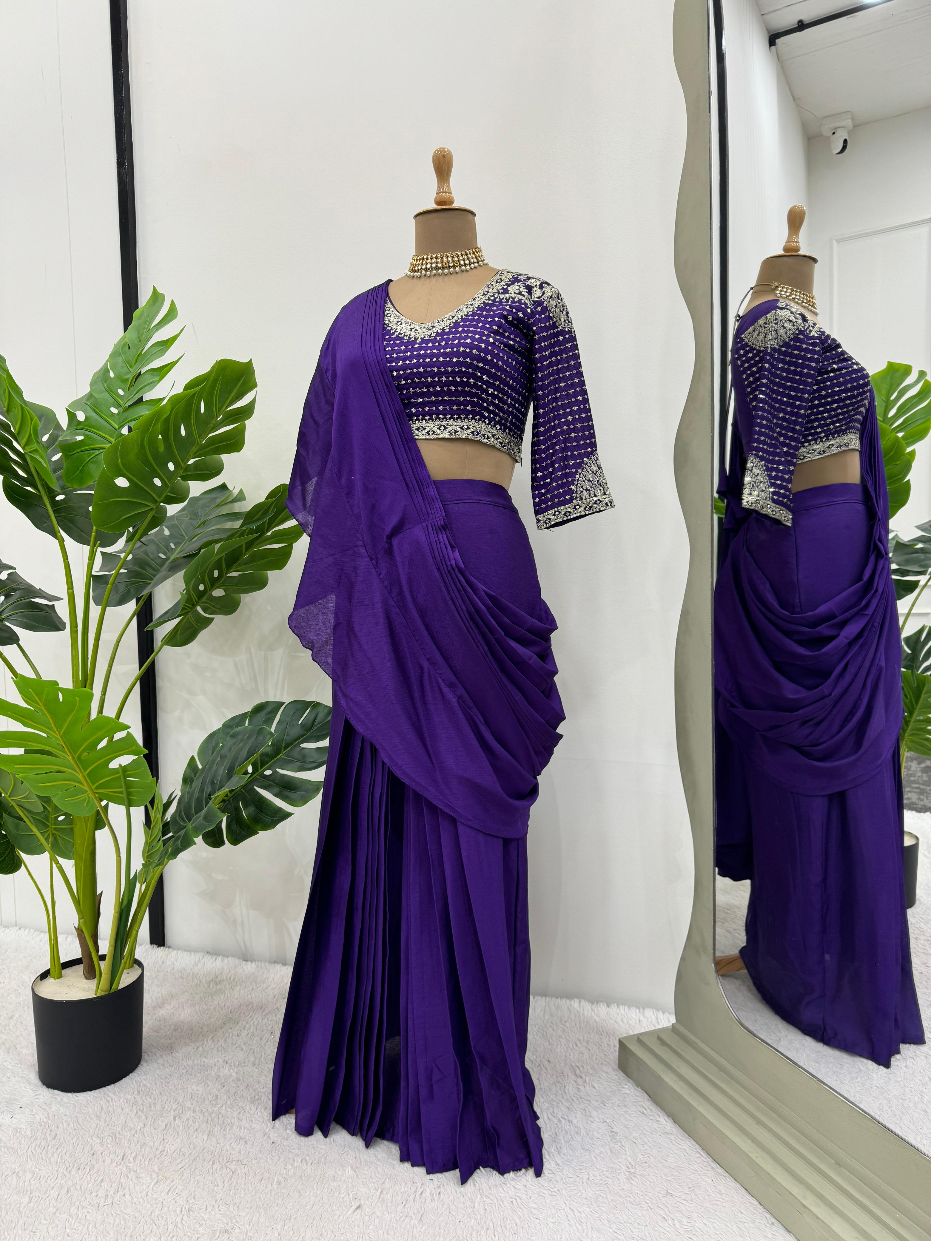 Trending Blue Color Fancy Ruffle Ready To Wear Saree With Embroidery Blouse