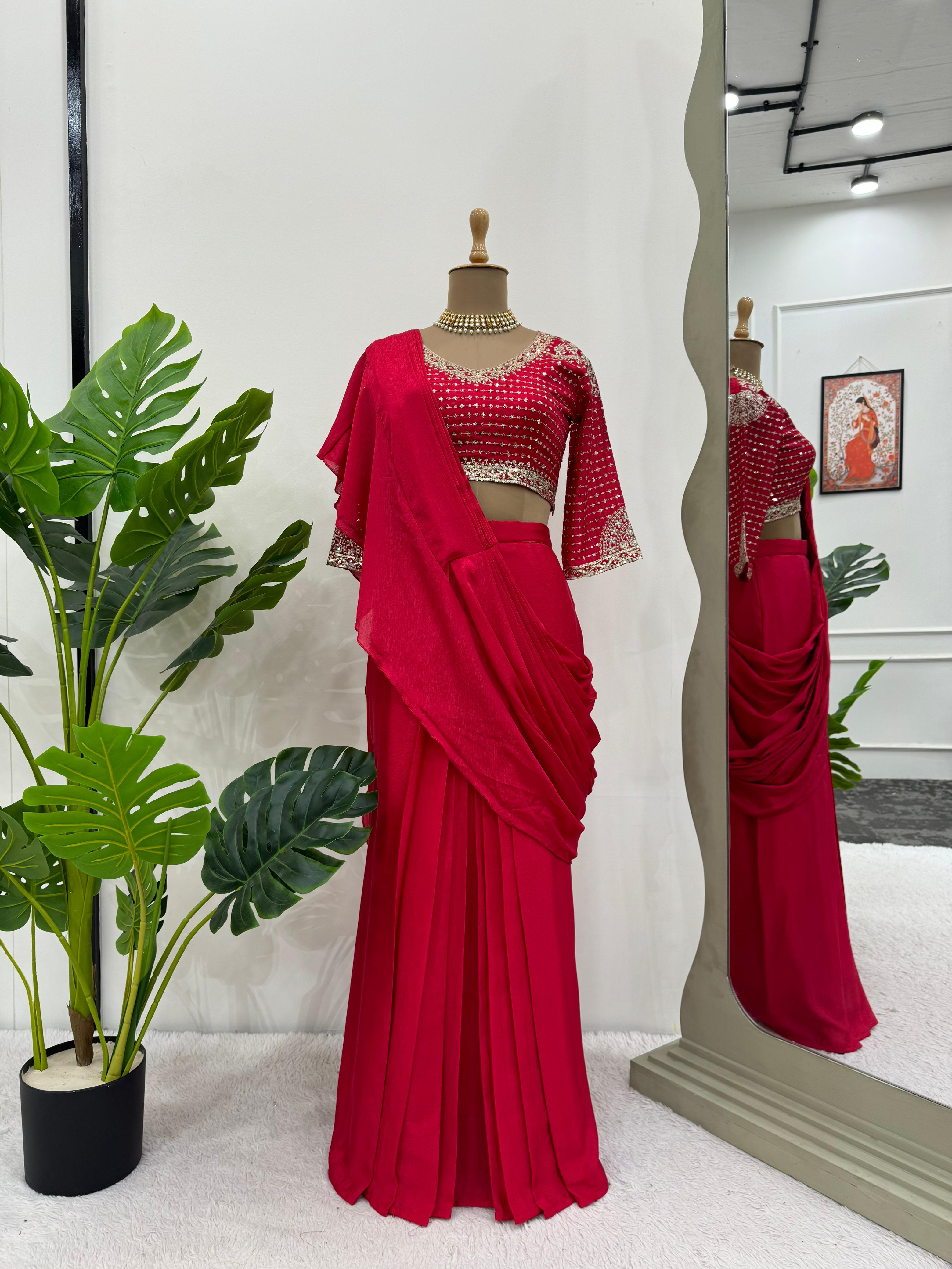 Wedding Wear Dark Pink Color Fancy Ruffle Ready To Wear Saree With Embroidery Blouse