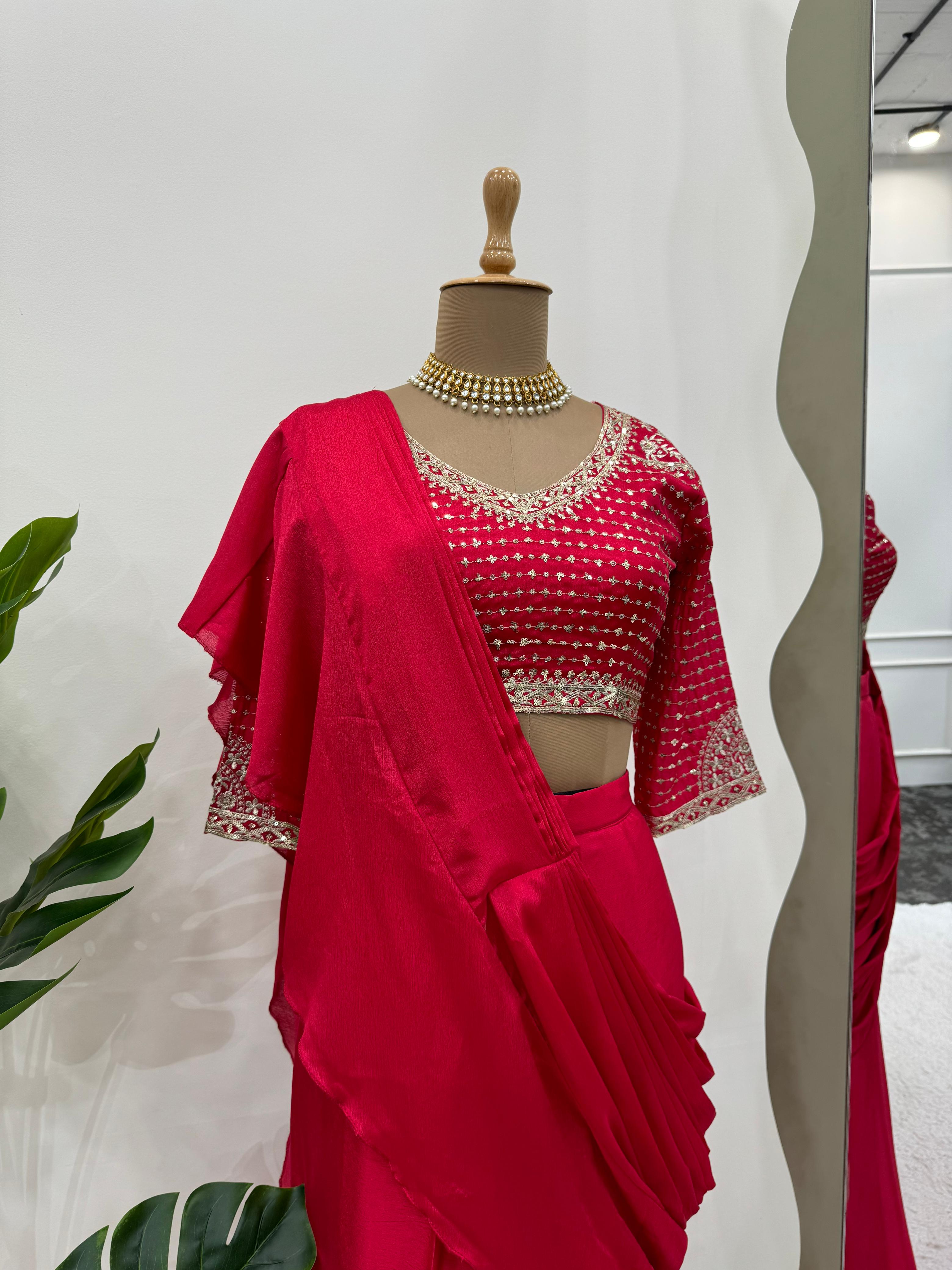 Wedding Wear Dark Pink Color Fancy Ruffle Ready To Wear Saree With Embroidery Blouse