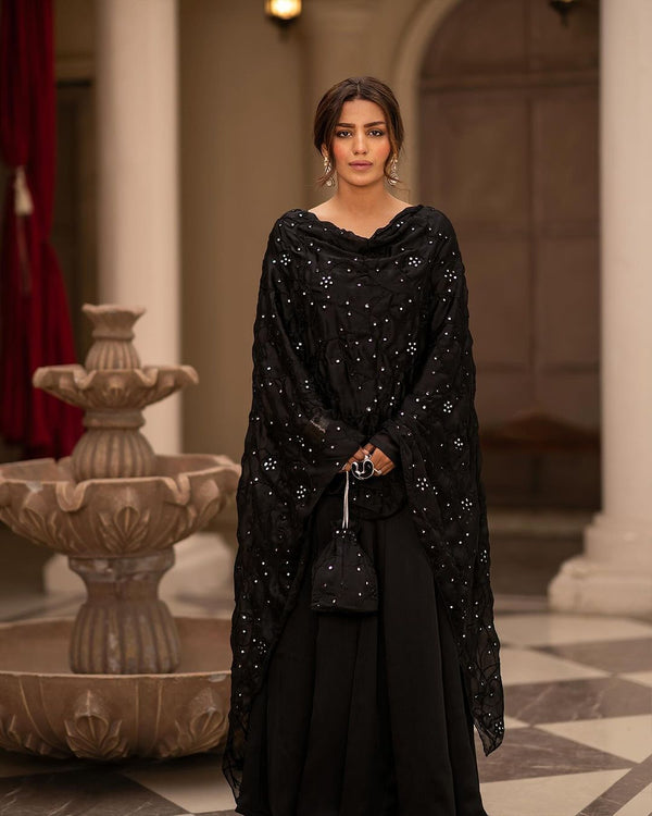 Glossy Black Color Cotton Fabric With Embroidery Dupatta Wedding Wear Anarkali Suit