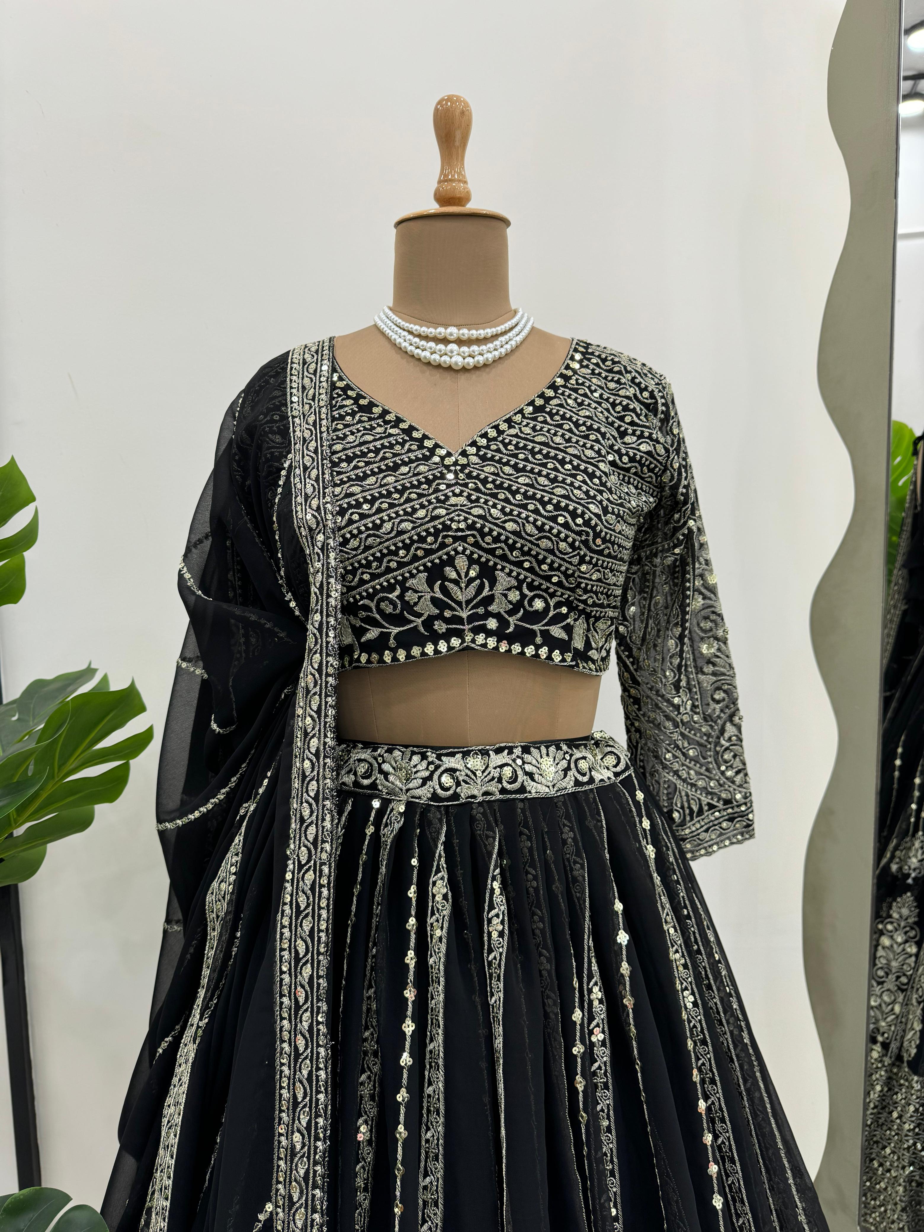 Black Color Georgette With Sequence Embroidery Bridal Lehenga Choli and Dupatta