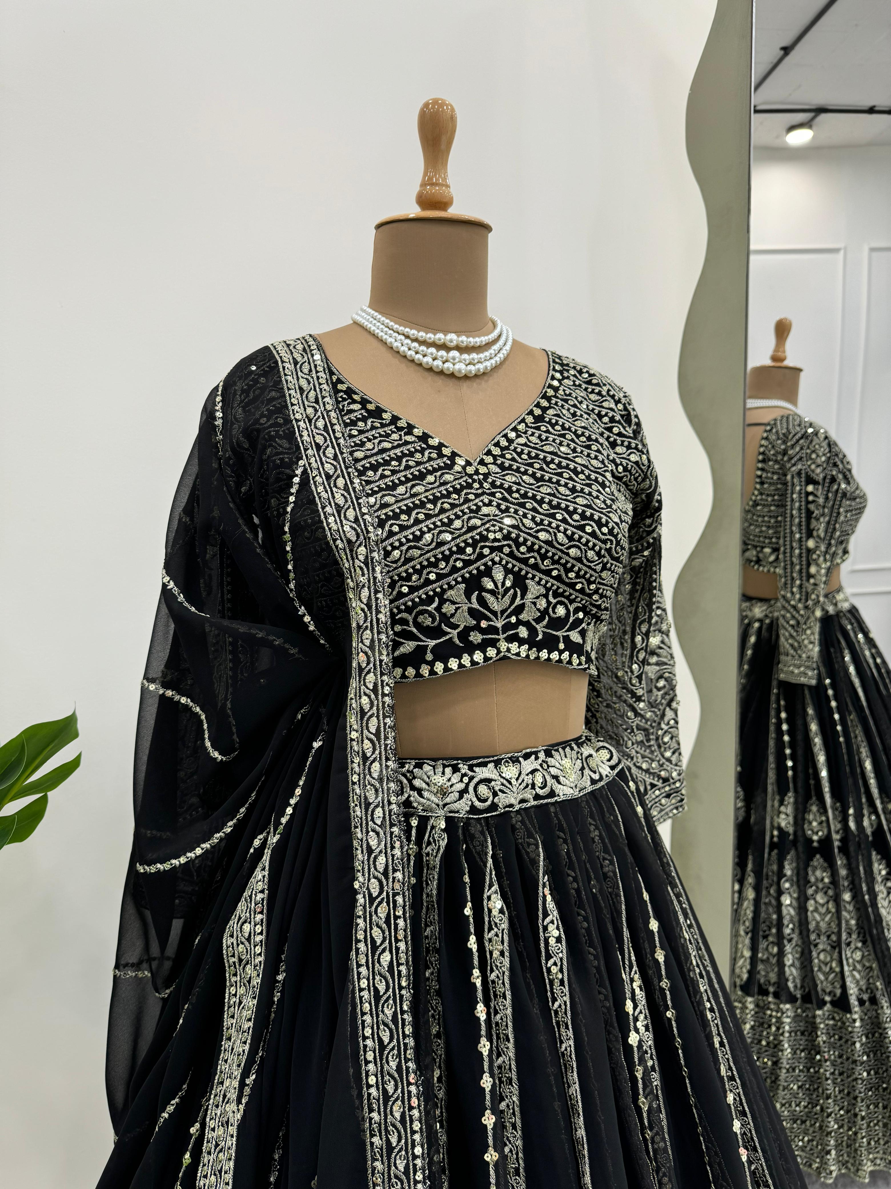 Black Color Georgette With Sequence Embroidery Bridal Lehenga Choli and Dupatta