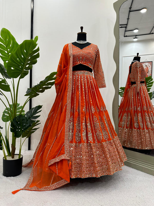 Orange Color Georgette With Sequence Embroidery Bridal Lehenga Choli and Dupatta