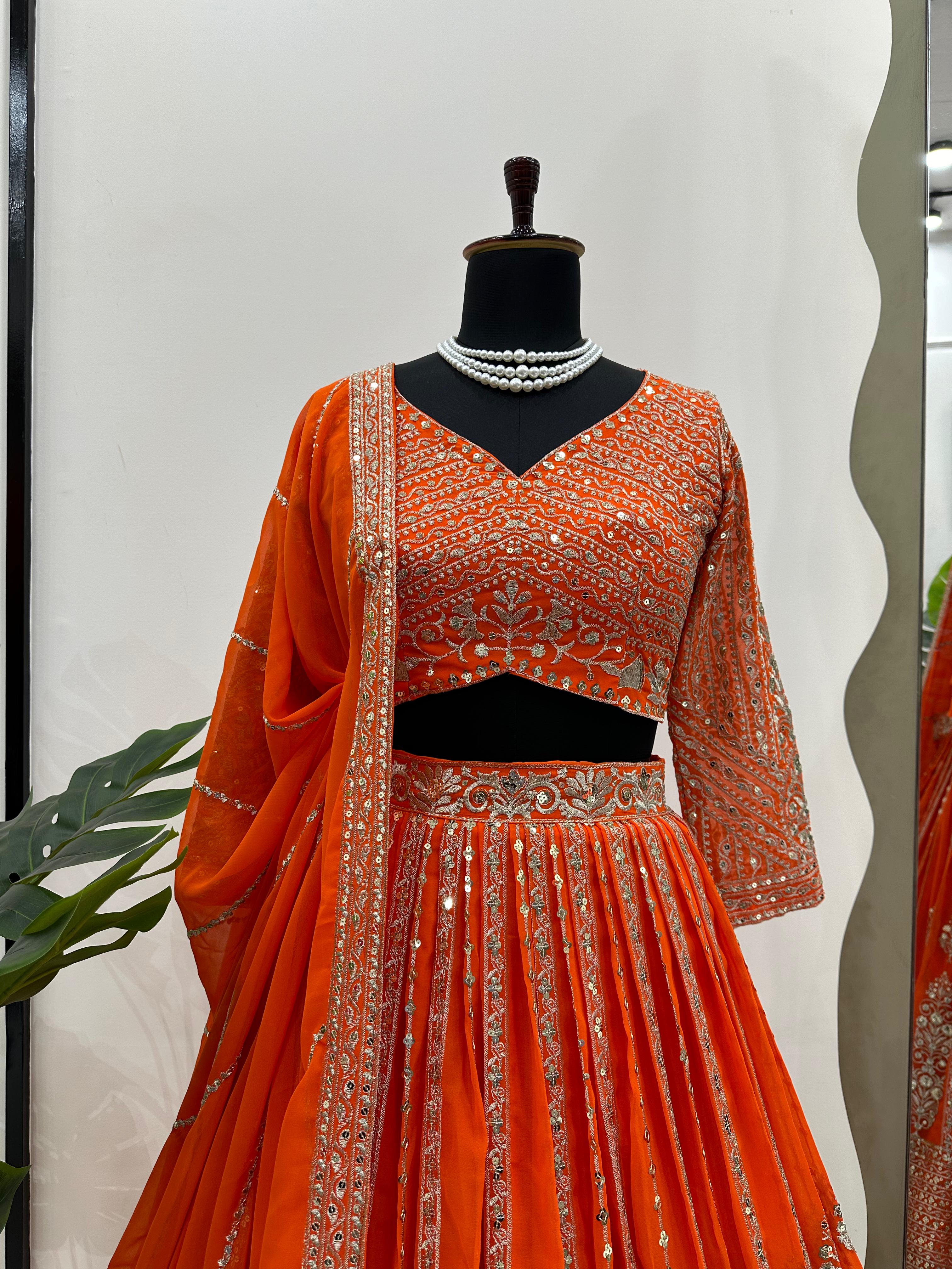 Orange Color Georgette With Sequence Embroidery Bridal Lehenga Choli and Dupatta