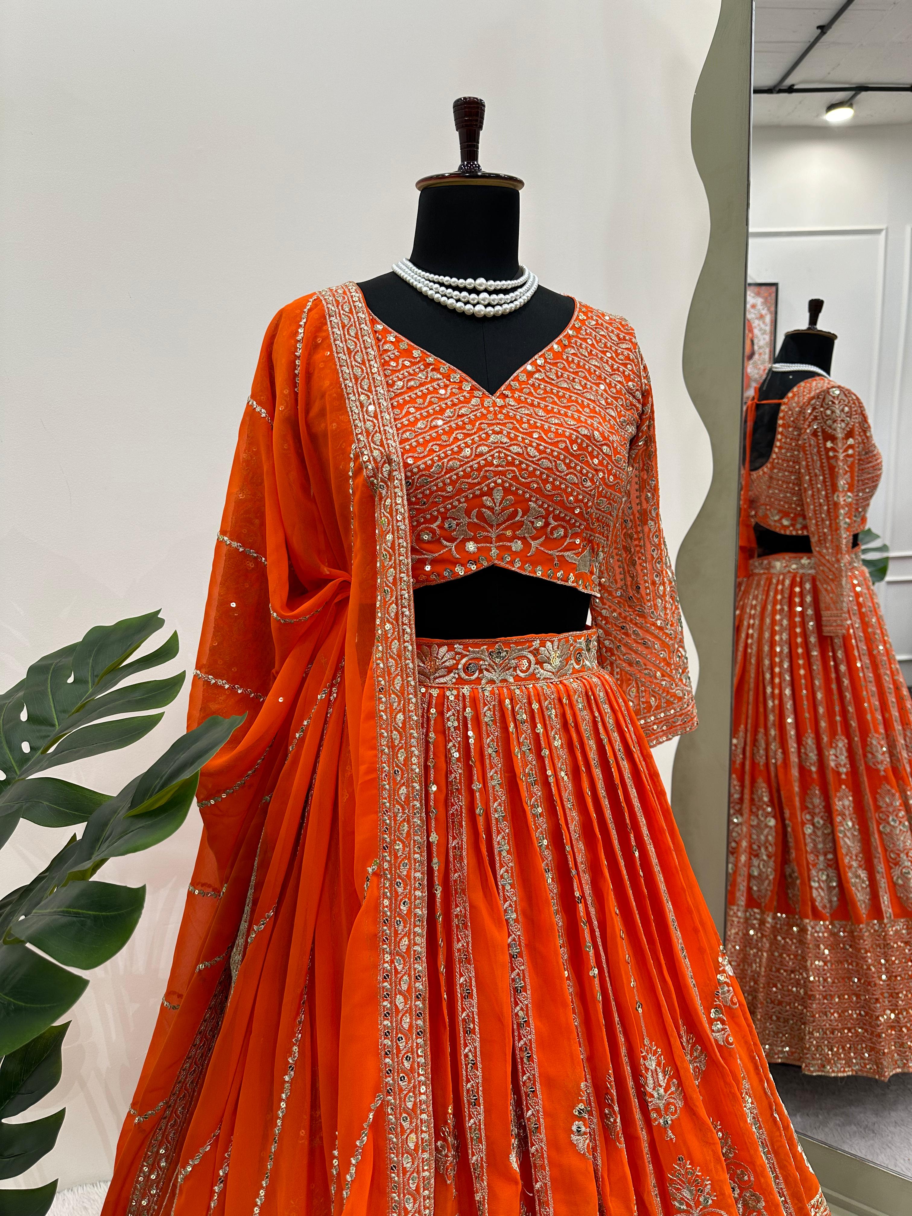 Orange Color Georgette With Sequence Embroidery Bridal Lehenga Choli and Dupatta