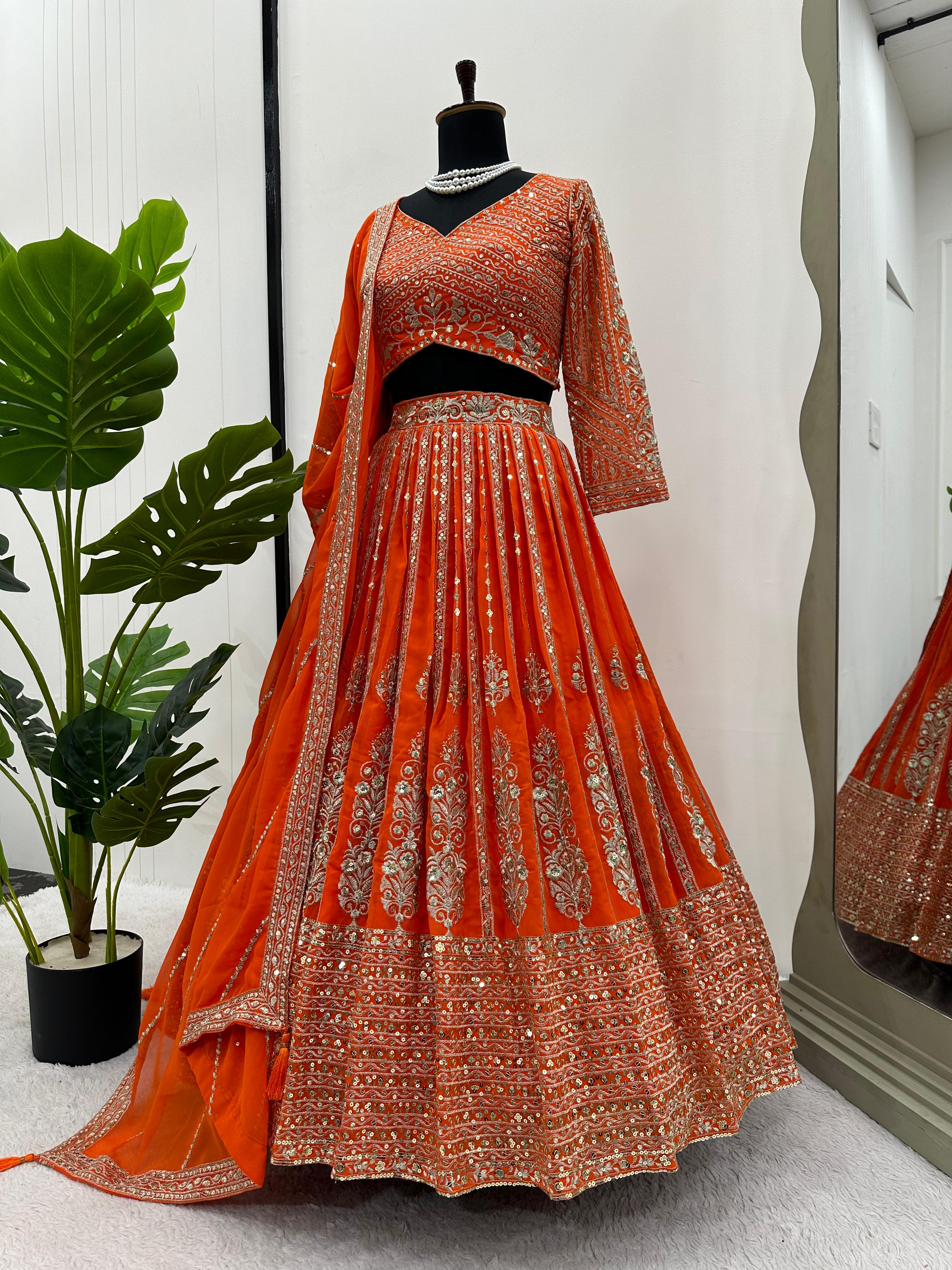 Orange Color Georgette With Sequence Embroidery Bridal Lehenga Choli and Dupatta