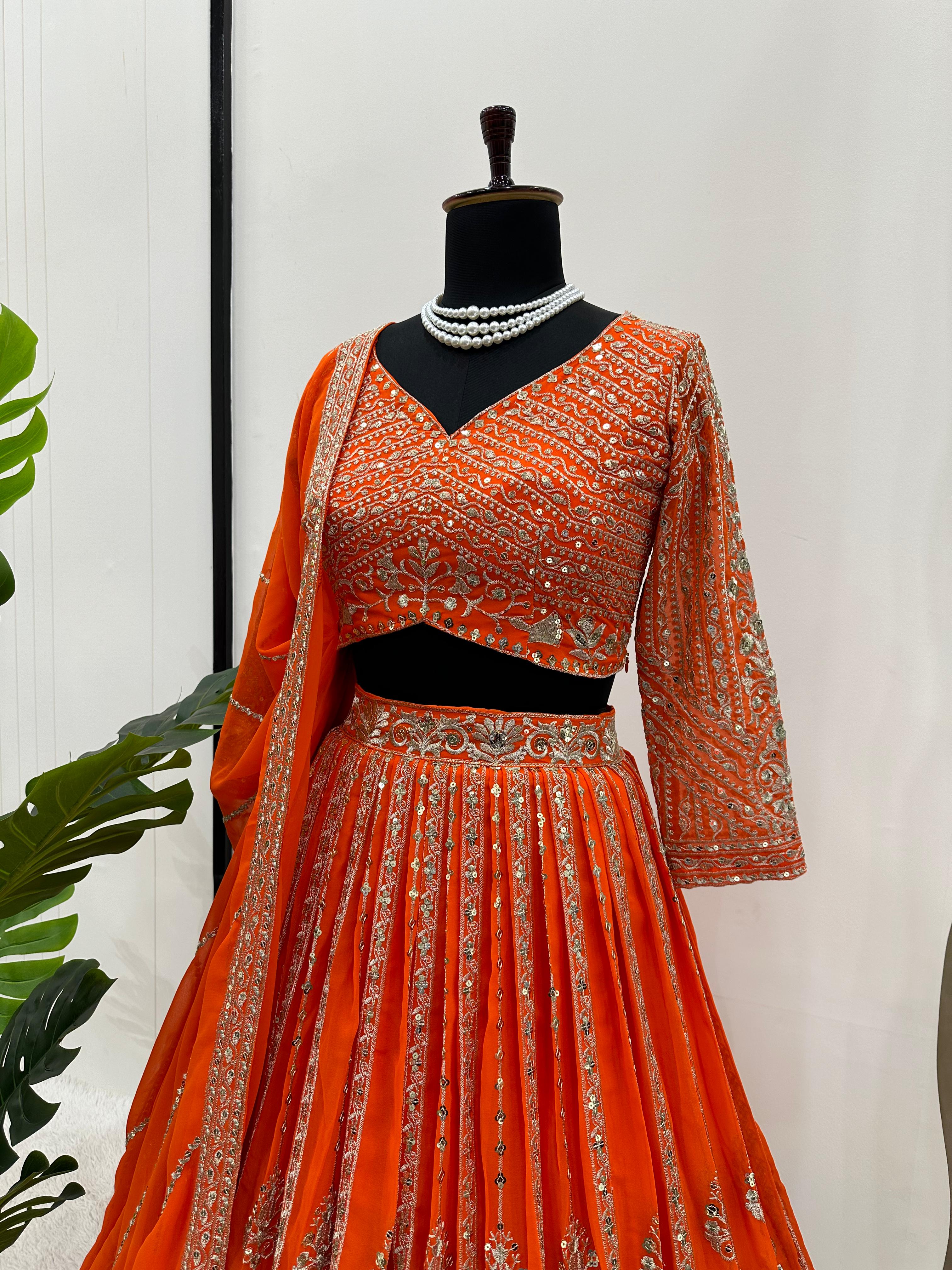 Orange Color Georgette With Sequence Embroidery Bridal Lehenga Choli and Dupatta