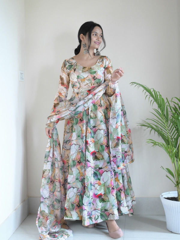 Raksha Bandhan Special Full Sleeve Floral Anarkali Gown With Dupatta