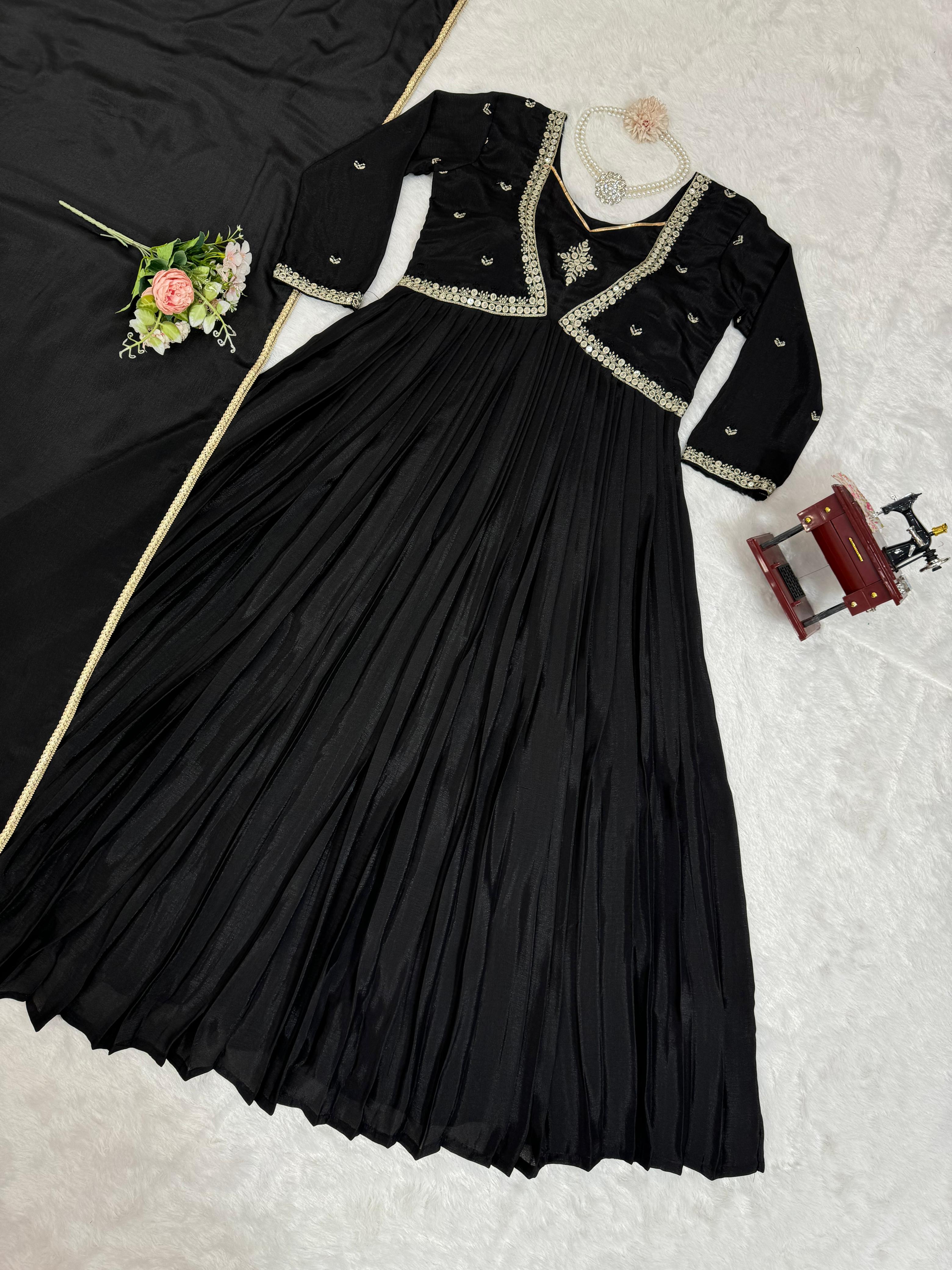 Delightful Black Color Thread with Sequence Anarkali Gown