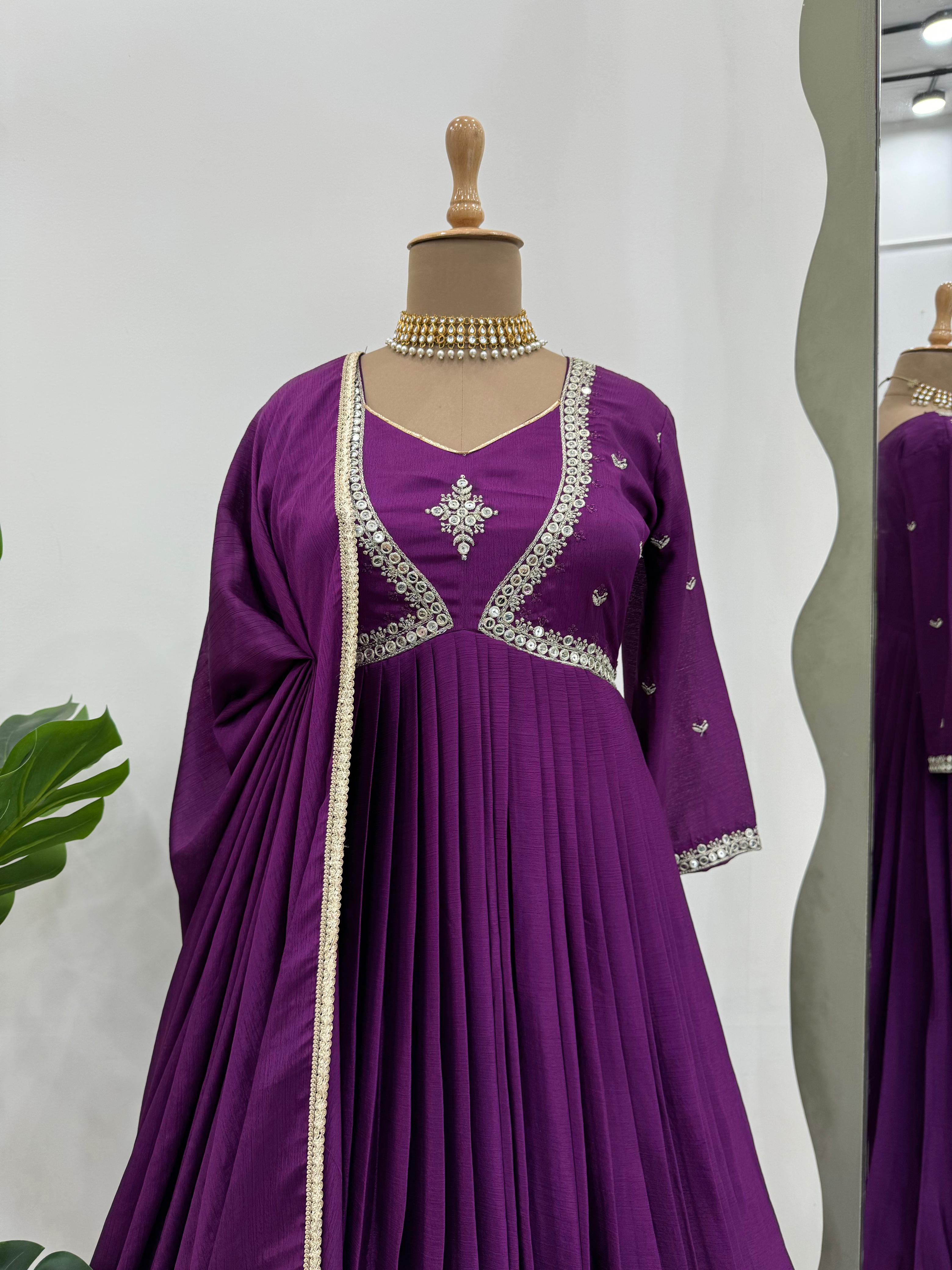 Wedding Wear Wine Color Thread With Sequence Anarkali Gown