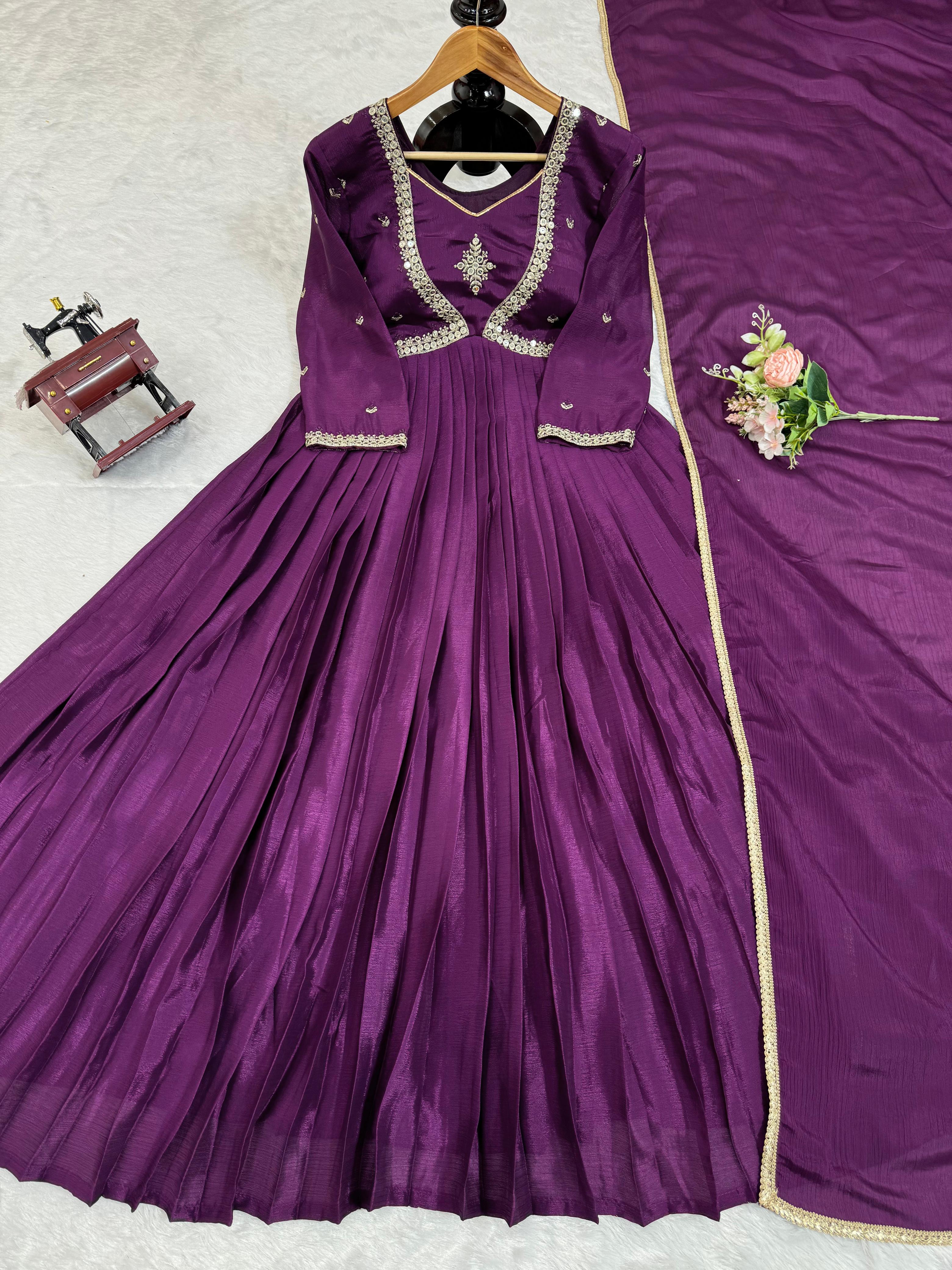 Wedding Wear Wine Color Thread With Sequence Anarkali Gown