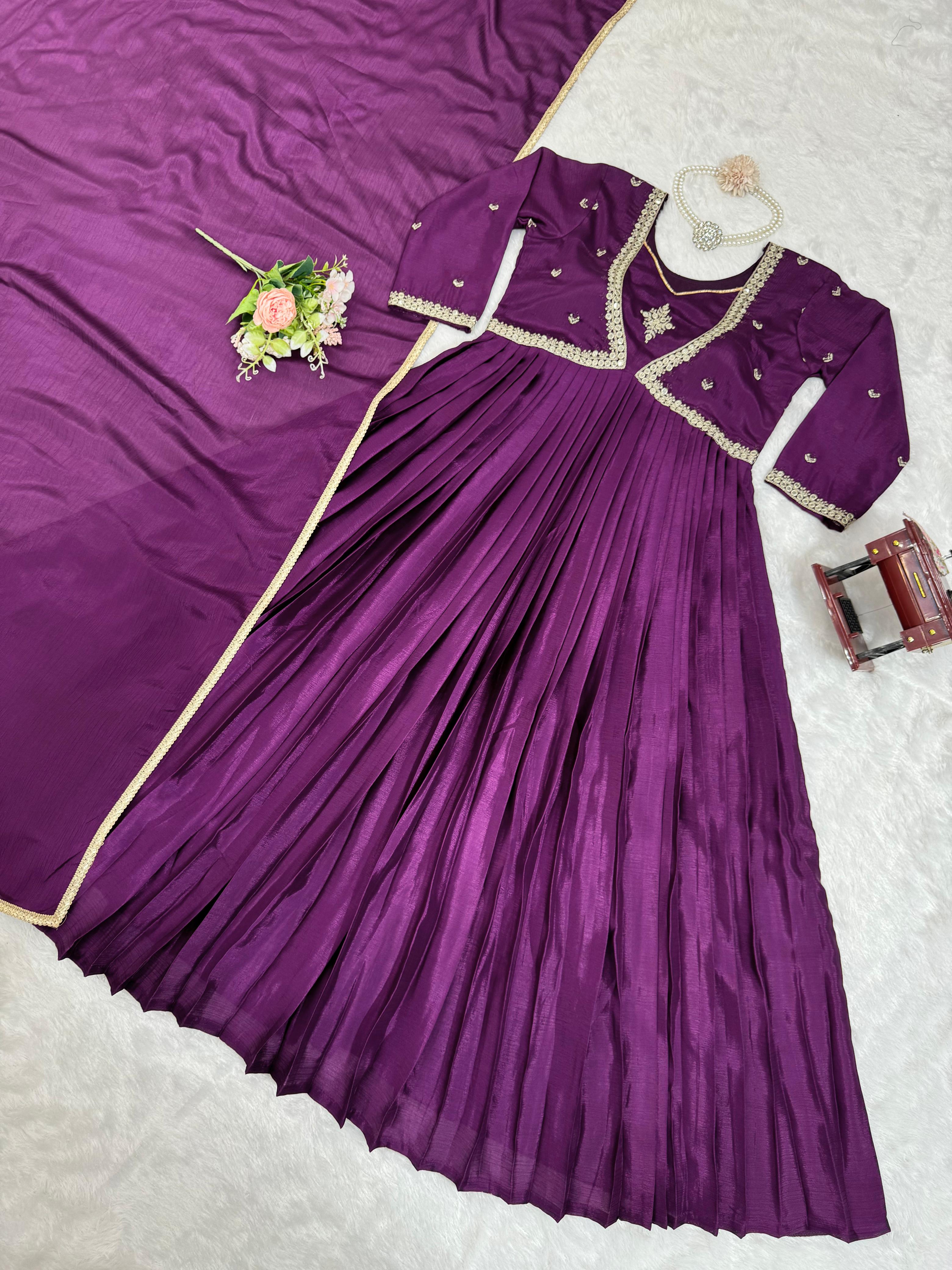 Wedding Wear Wine Color Thread With Sequence Anarkali Gown