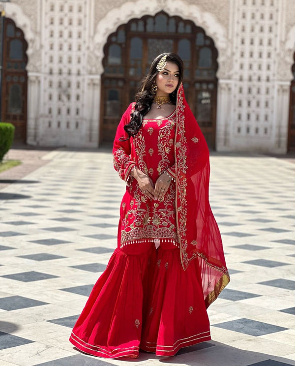 Elegant Party Wear Red Color Kurta Sharara Plazzo With Heavy Embroidery And Dupatta