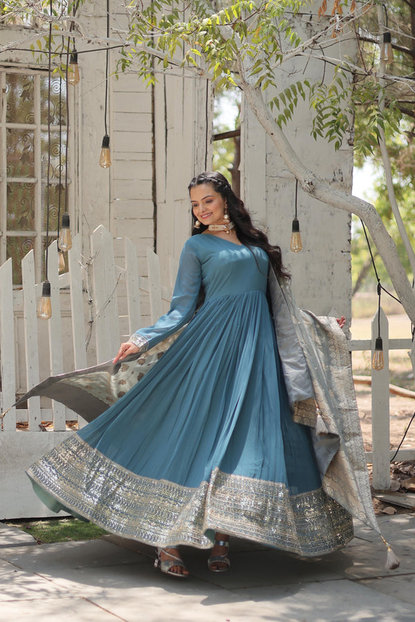 Cyan Grey Exquisite Premium Designer Faux Georgette Gown with Embroidered Zari Sequins and Tabby Silk Dupatta