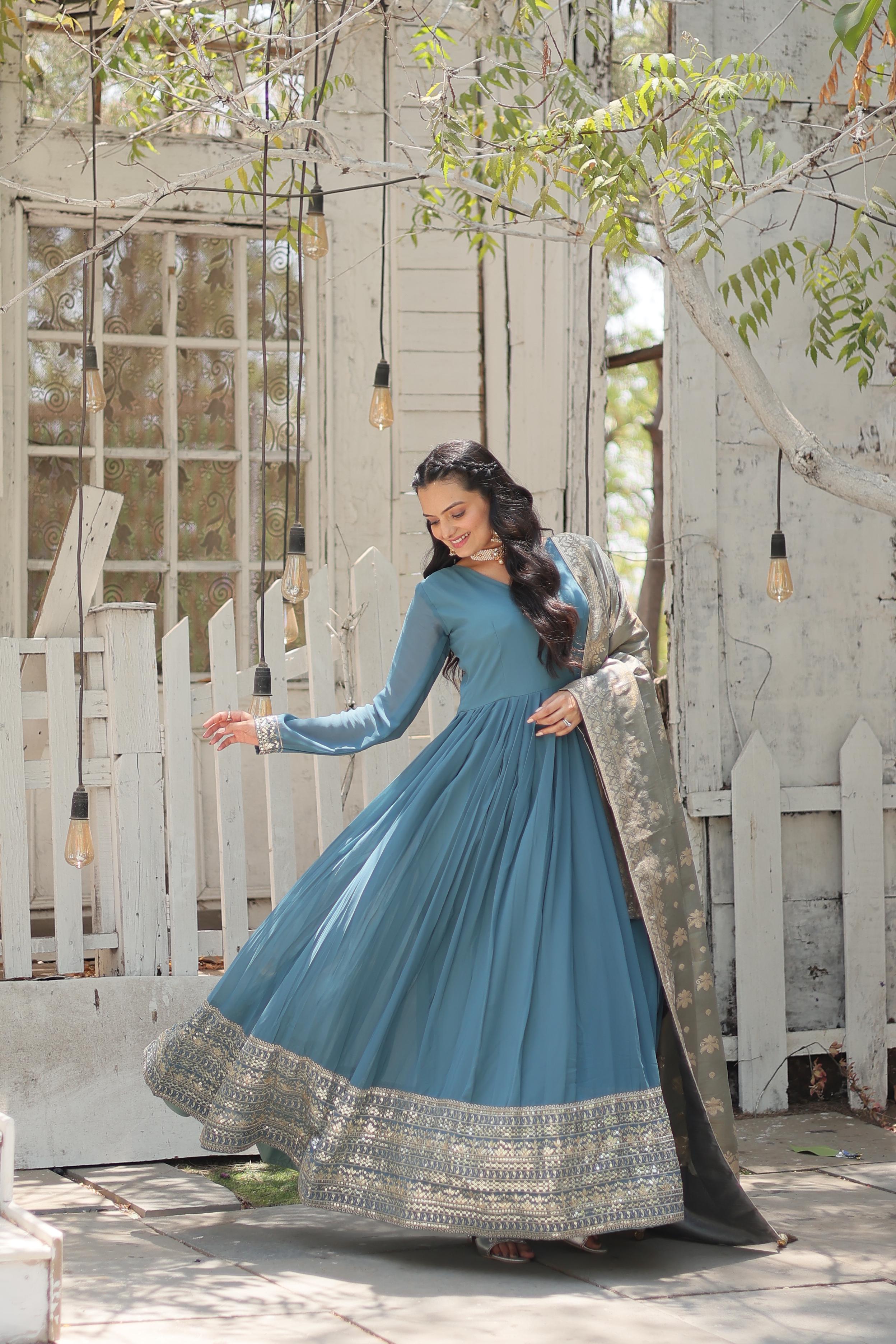 Cyan Grey Exquisite Premium Designer Faux Georgette Gown with Embroidered Zari Sequins and Tabby Silk Dupatta