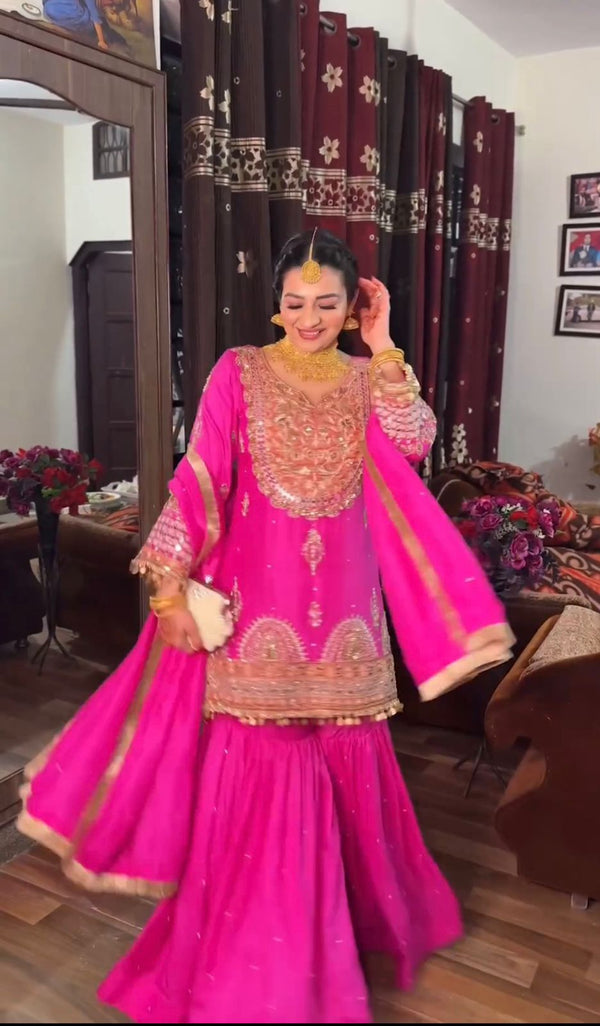 Georgette Embroidered Pink Punjabi Sharara Suit Set With Dupatta