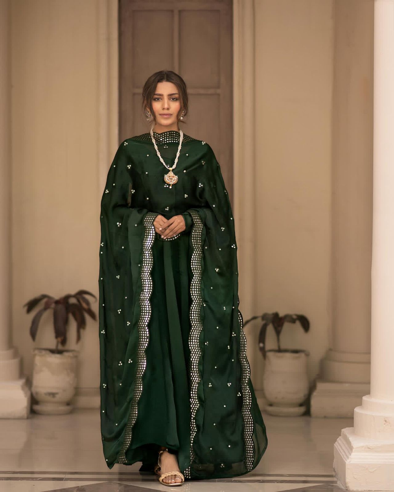 Premium Green Roman Cotton Gown Suit Set with Full Inner Lining and Embroidered Dupatta