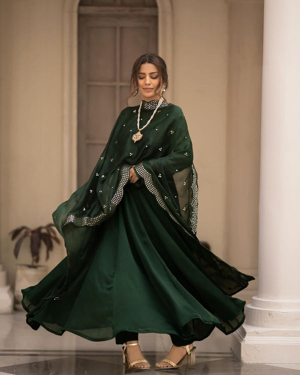 Premium Green Roman Cotton Gown Suit Set with Full Inner Lining and Embroidered Dupatta