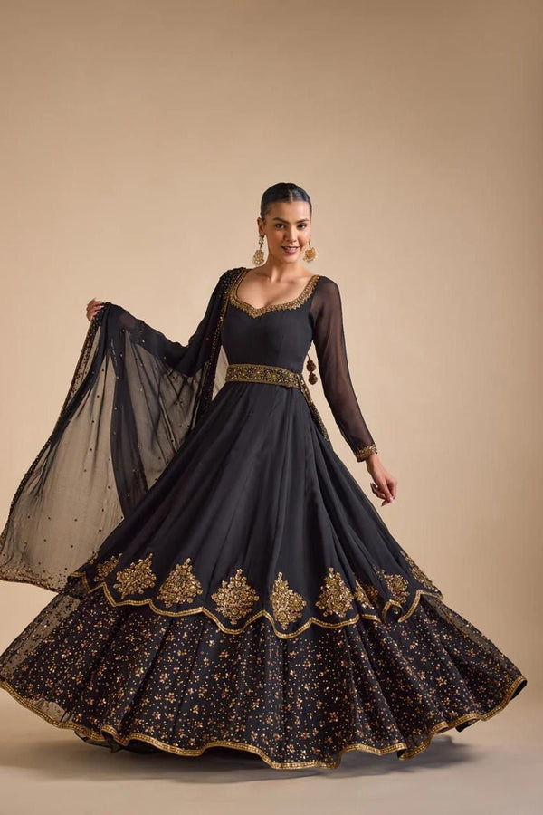 Beautiful Unique Black Color Thread Work Designer Gown With Dupatta