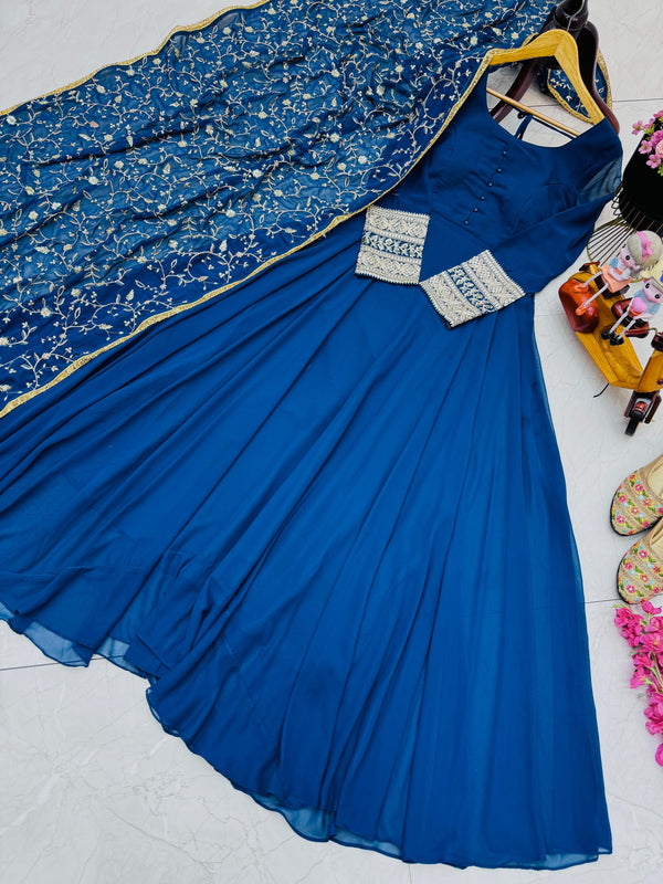 Fabulous Blue Color Georgette Party Wear Gown