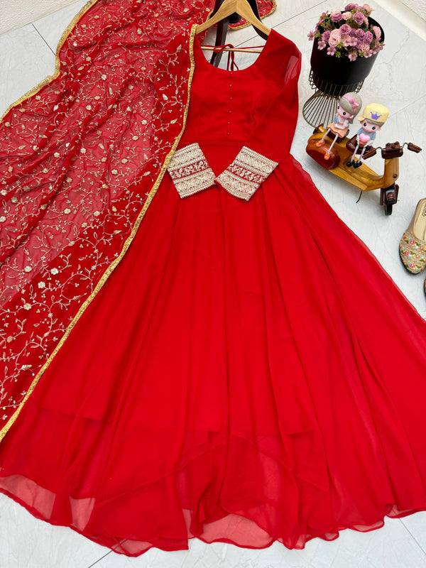 Beautiful Red Color Georgette Party Wear Gown
