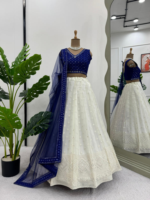 Designer White And  Blue Color Georgette Sequence Work Wedding Wear Lehenga Choli