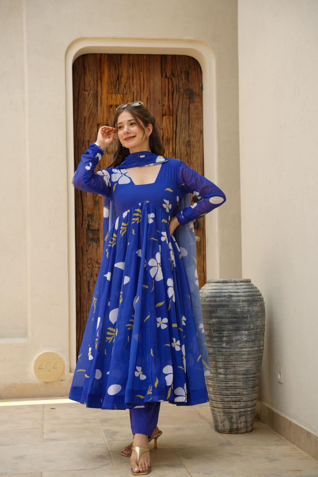 Marriage Special Blue Color Georgette Fabric With Digital Printed Anarkali Suit