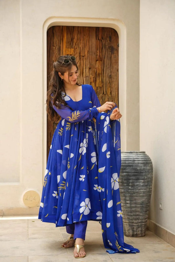 Marriage Special Blue Color Georgette Fabric With Digital Printed Anarkali Suit